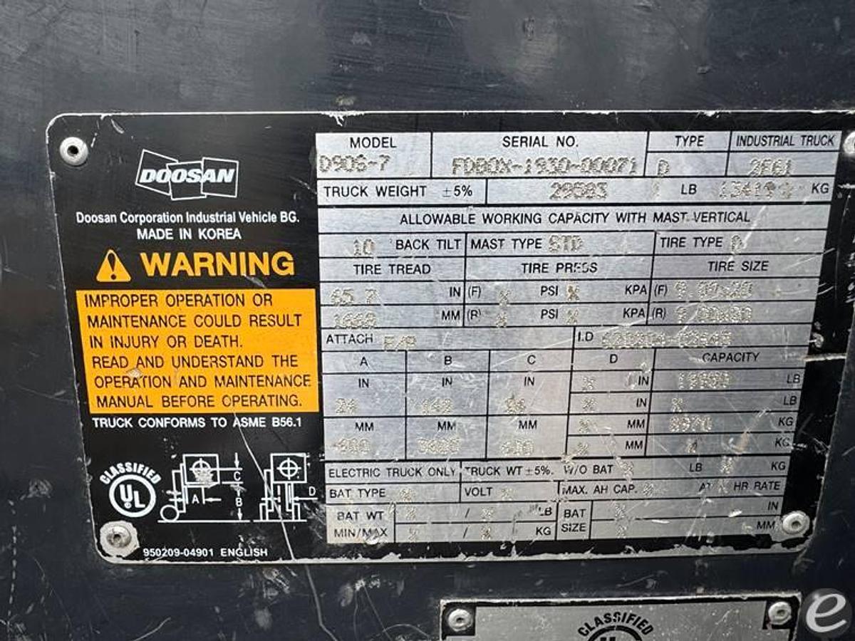 Used 2017 DOOSAN D120S-7 -  26,500 Lbs. CAPACITY