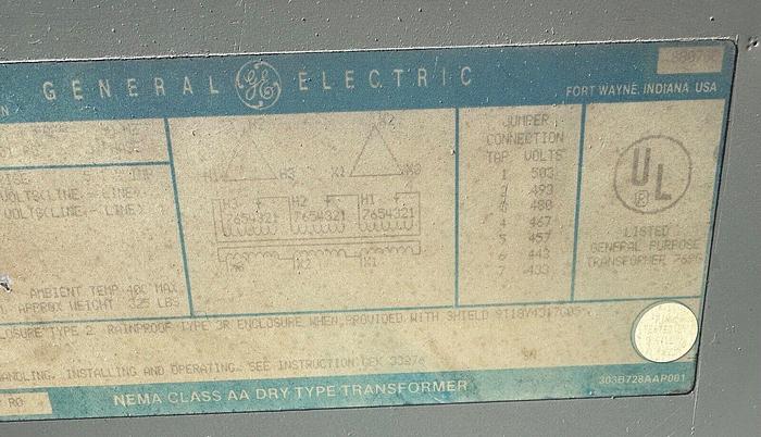 Used GE Transformer # 9T23B3883 45KVA Pri 480V Sec 240V (5711)