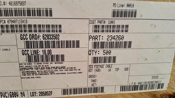 General 1UNH1 10 awg VNTC tray cable copper wire 500 ft roll 10/3 234260