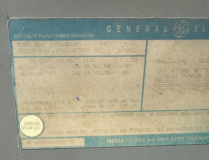 Used GE Transformer # 9T23B3883 45KVA Pri 480V Sec 240V (5711)