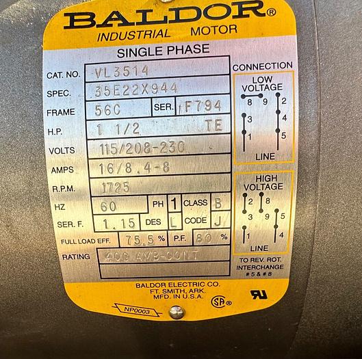 Used Gast Vacuum Pump # 2070-V122-VL3514 ~ 1 Phase ~  115/230V ~ 1 1/2 HP (6323)