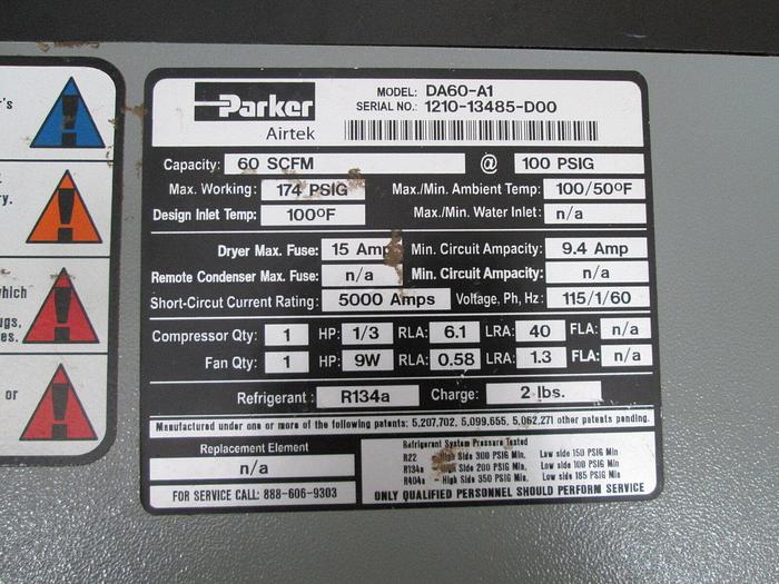 Used Parker Airtek Air Dryer # DA60-A1 1/3Hp 100 PSIG 60 SCFM (100787)