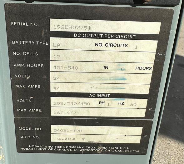 Used Hobart # 540B1-12R Forklift Charger 1ph 24V ~ 208/240/480V (5727)
