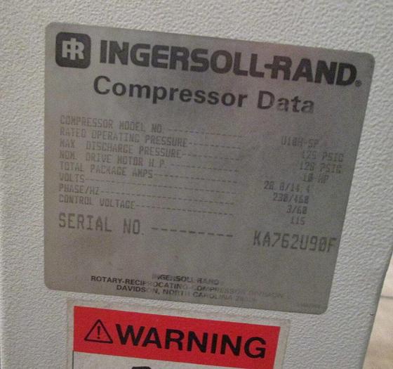 Used Ingersoll-Rand Air Compressor # 010H-SP 10Hp 28.8/14.4A 230/460V 3Ph (100777)