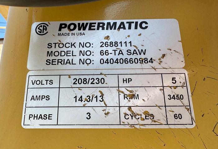 Used Powermatic # 66-TA Table Saw ~ 208/230C ~ 3ph ~ 5hp  (6105)