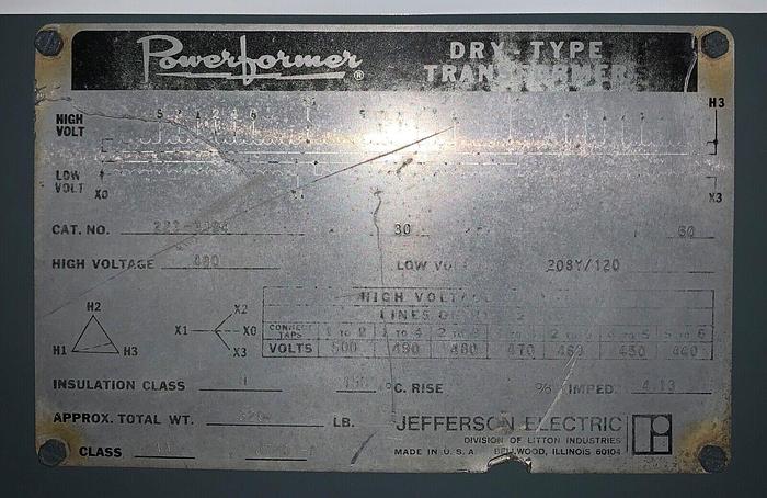 Used Jefferson 30kva transformer 480/208/120v (101650)