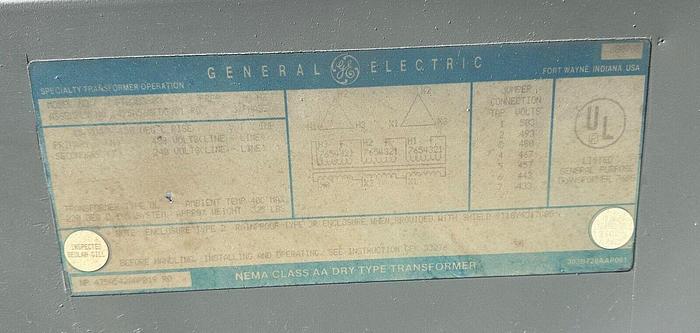 Used GE Transformer # 9T23B3883 45KVA Pri 480V Sec 240V (5711)