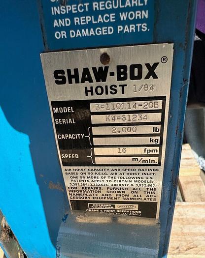 Used Shaw-Box Dresser Hoist 3-110114-20B 2,000lb Cap. 16Fpm (6395)