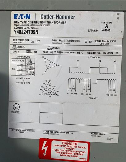 Used Cutler Hammer Y48J24T09N ~ 9KVA ~ Dry Transformer 480/240 3ph (101553)