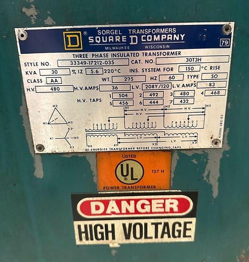 Used Square D 30 KVA Transformer 480/208/120 V (5358)