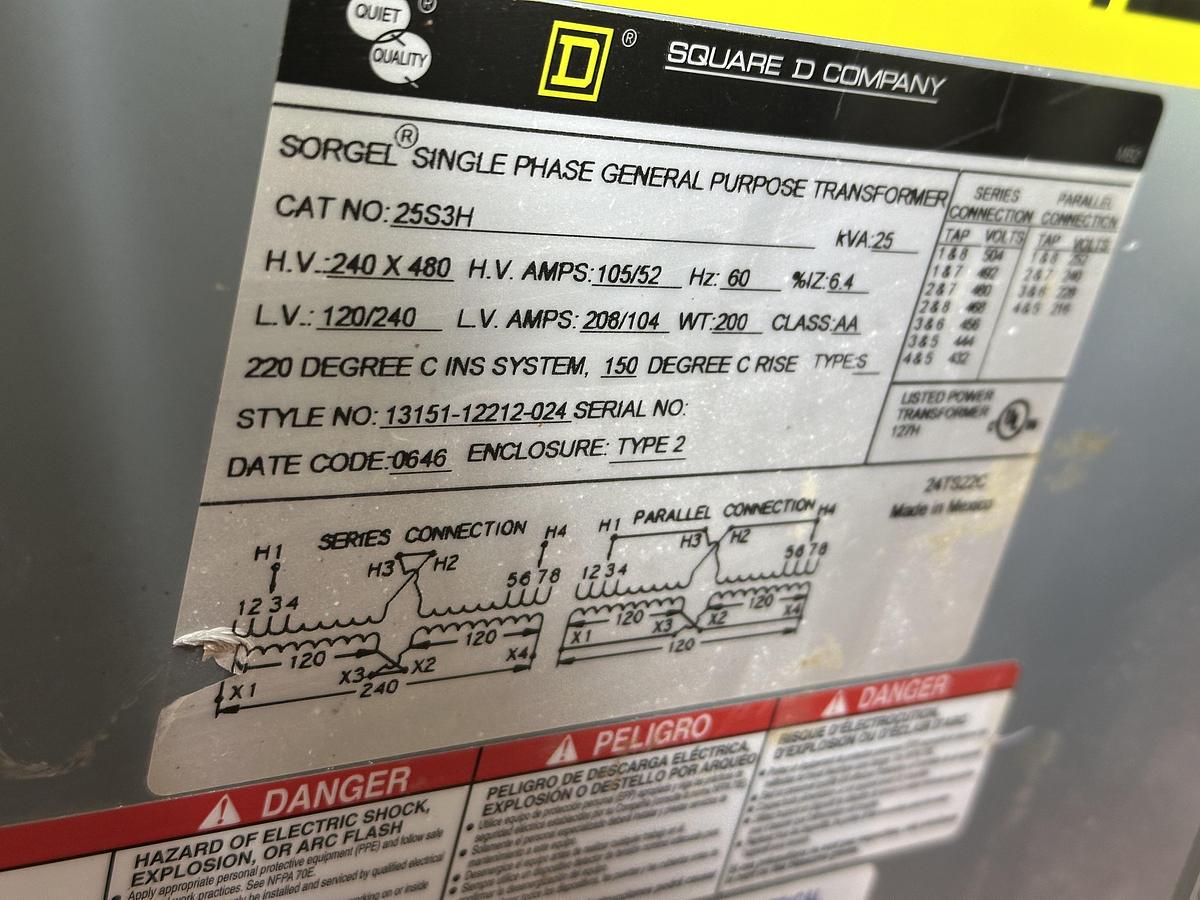 Used Square D 25S3H 1 Phase Transformer 25kVA 60HZ ~ Hv 240x480 ~ Lv 120/240V