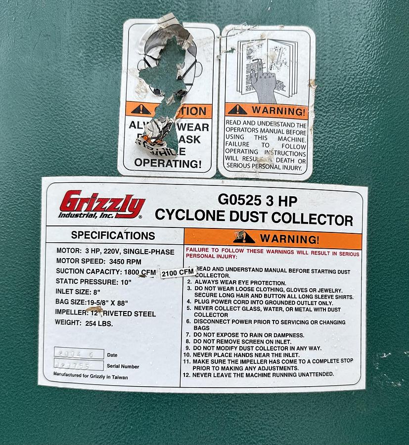 Used Grizzly G0525 Dust Collector 3hp 220V 1ph 1800 CFM