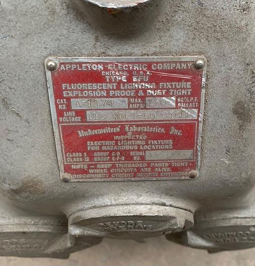 Used Appleton A-1174 2 Bulb Fluorescent Spray Booth Explosion Proof Light Fixture