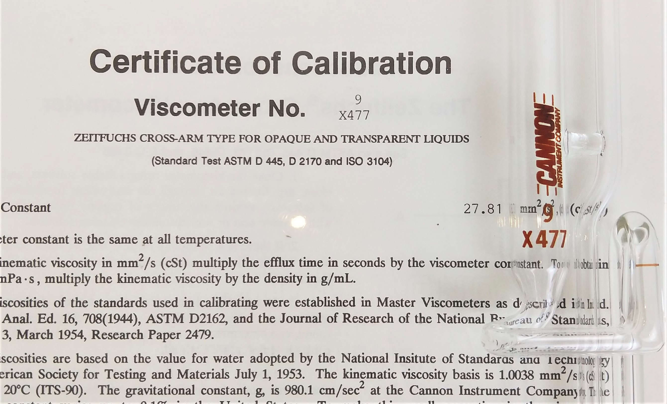 Used Cannon ZCAC-9 (9723-S74) Certified Zeitfuchs Cross-Arm Viscometer Tube - Size 9