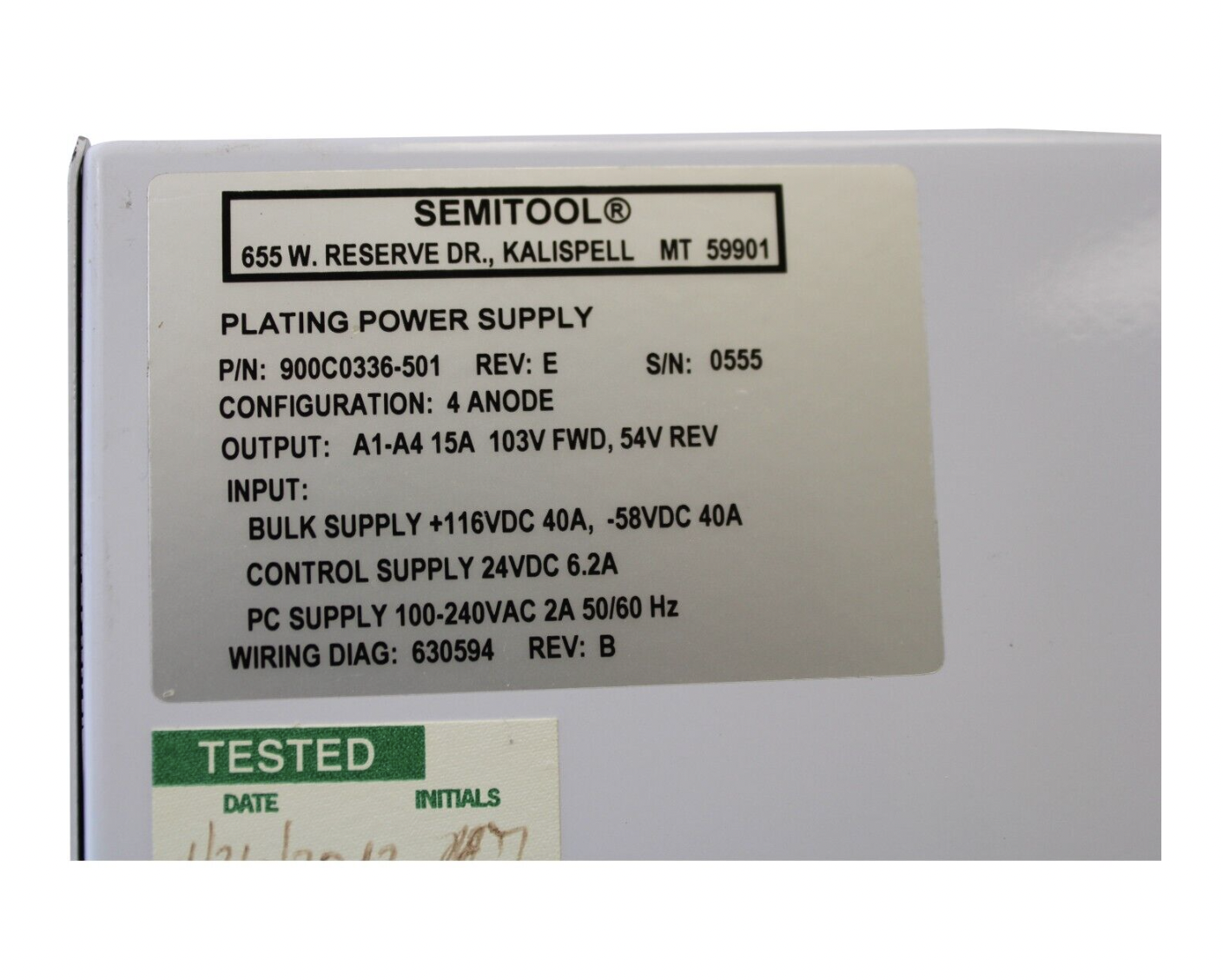 Used Semitool 900C0336-501 REV E PLATING POWER SUPPLY 100-240 VAC 2A 50/60HZ