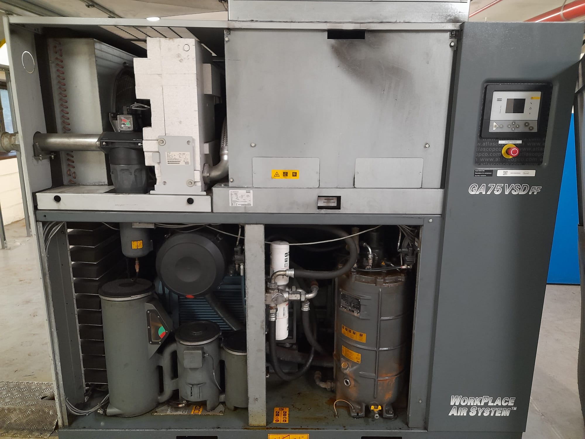 Used 2016 Atlas Copco GA75 VSD FF c/w Built in Air Dryer