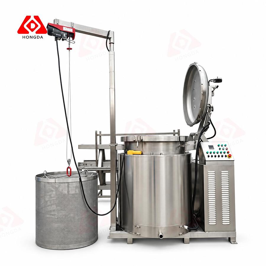 Gas or electric heating bone soup kettle, fitted with a lifting basket and basket hoisting system for easy feeding and discharging