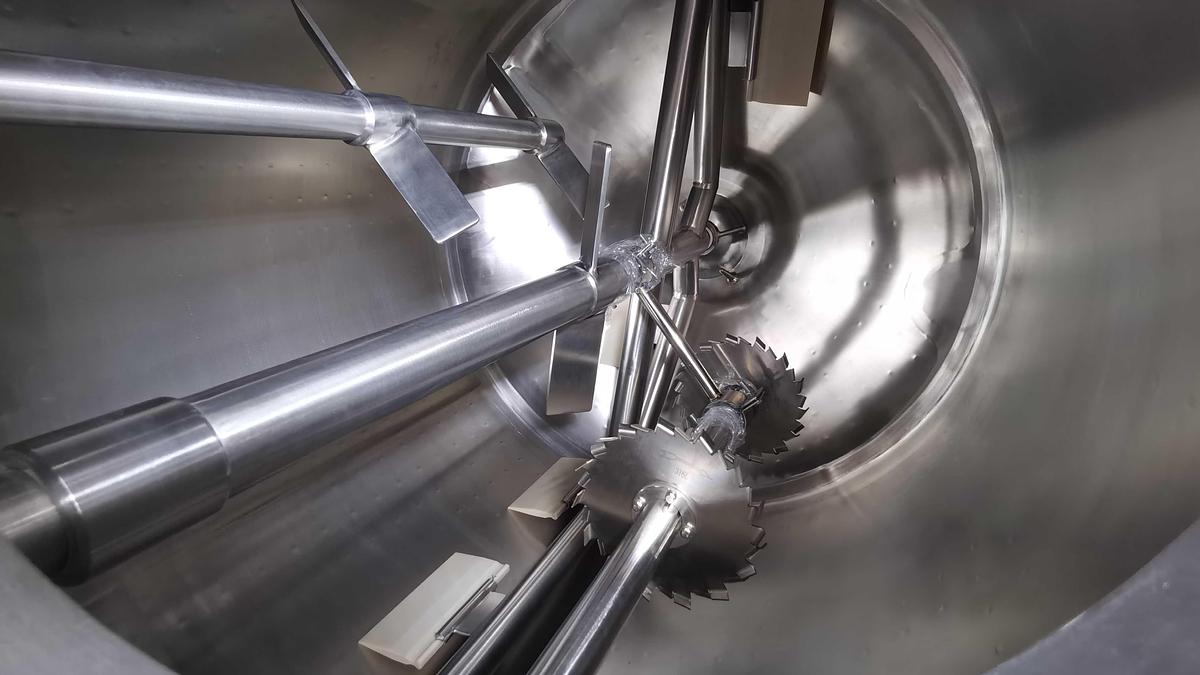 New 500 Gal Steam Jacketed SS Cone Bottom Mixing Kettle: Triple Agitation, High Shear Disperser, Scraper & Paddle