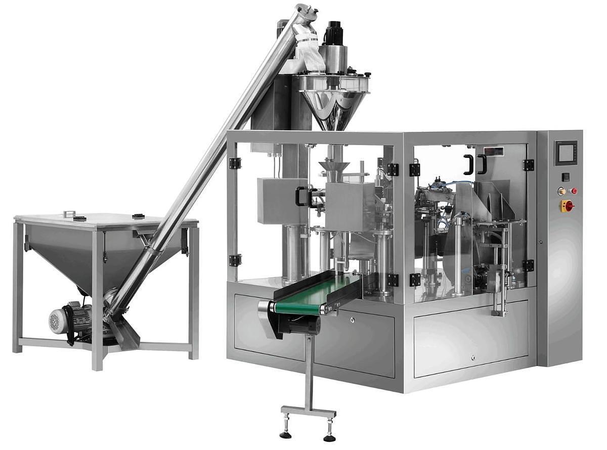 Rotary Pre-made Pouch packaging machine with Powder Filling Feeder