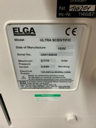 Used ELGA Purelab Ultra Water Purification System