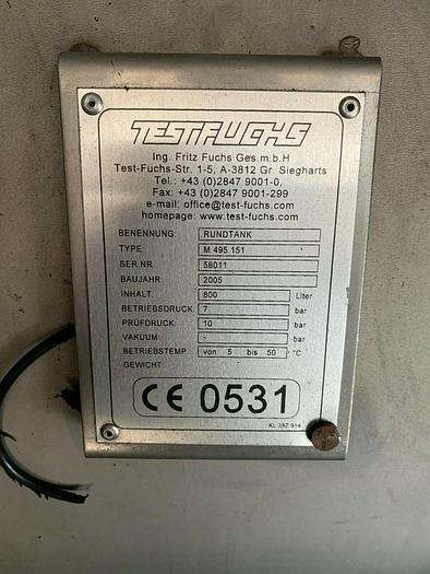 Used Round tank TestFuchs , OIL Tank 800l , 7bar