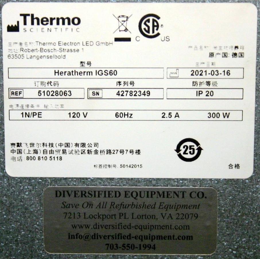 THERMO SCIENTIFIC HERATHERM INCUBATOR, MODEL IGS60, ORDER CODE 51028063