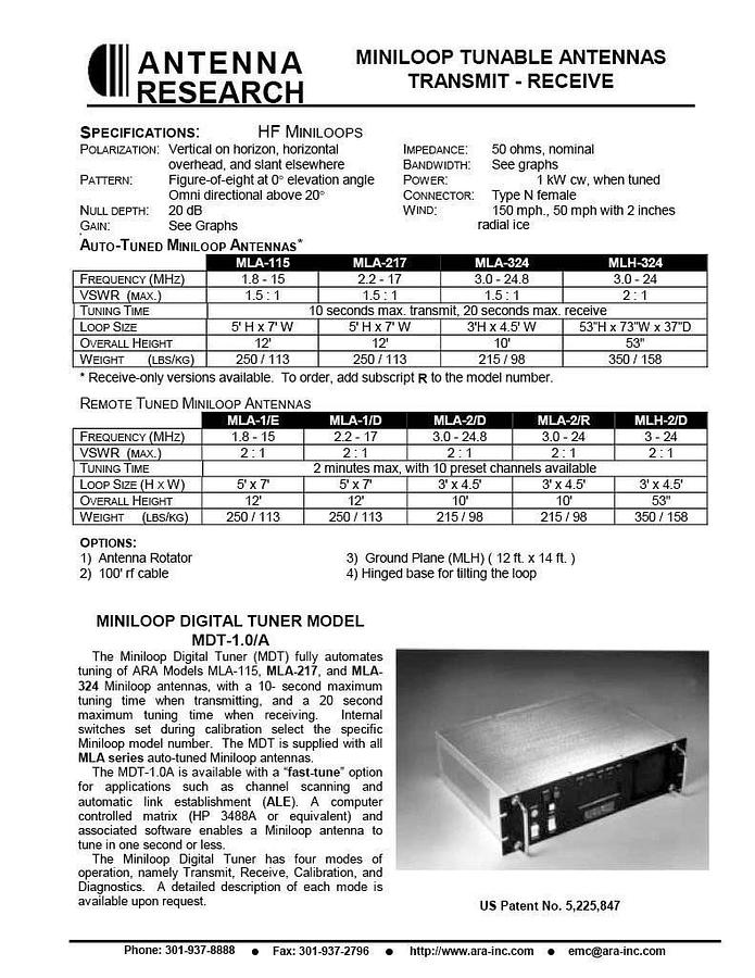 Used ANTENNA RESEARCH MINILOOP TUNABLE ANTENNA TRANSMIT - RECEIVE, MODEL MLA-2/D
