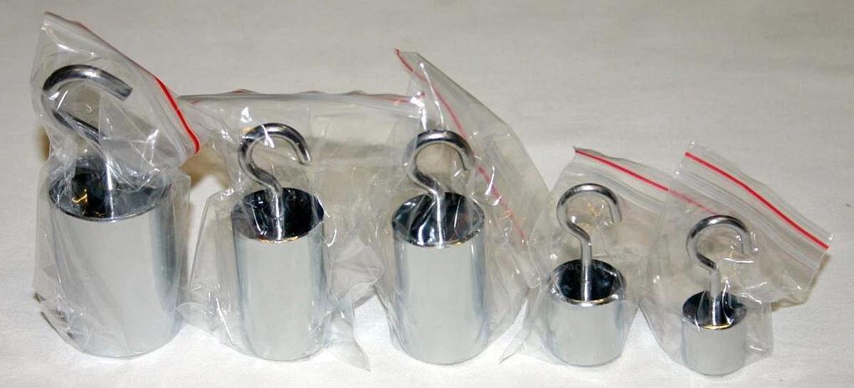 Used PHYSICS WEIGHT SET WITH HOOKS (50G, 100G, (2) 250G & 500G) 10 SETS NEW