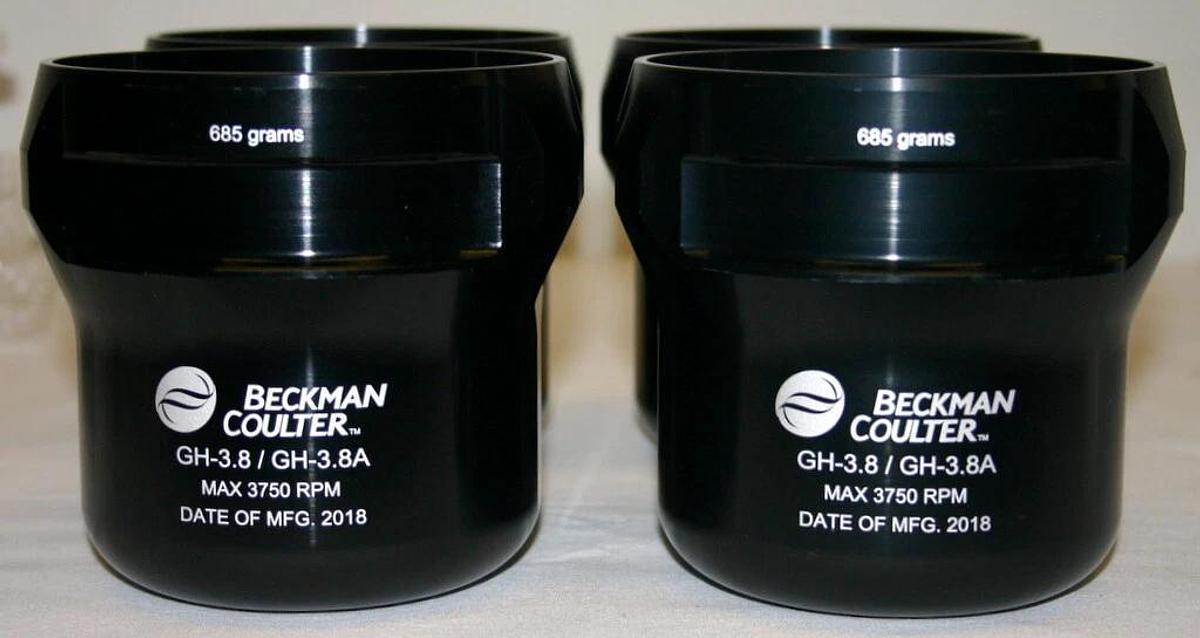 Used BECKMAN COULTER BUCKETS FOR GH-3.8 ROTOR, MODEL 360589, NIB, SET OF FOUR