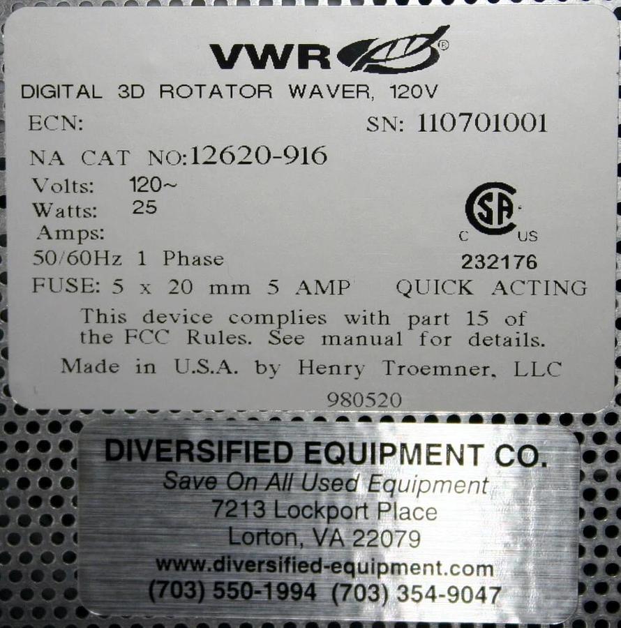 Used VWR DIGITAL 3D ROTATOR WAVER, MODEL 12620-916