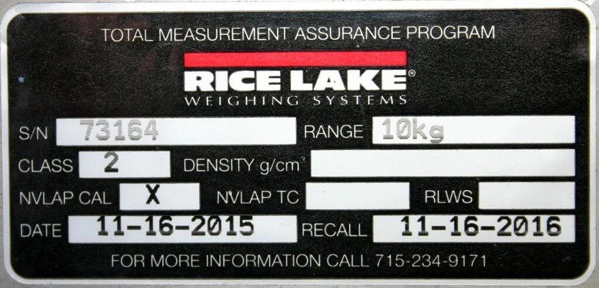 Used RICE LAKE 10KG SS CYLINDRICAL CALIBRATION WEIGHT, CLASS 2 WITH CASE