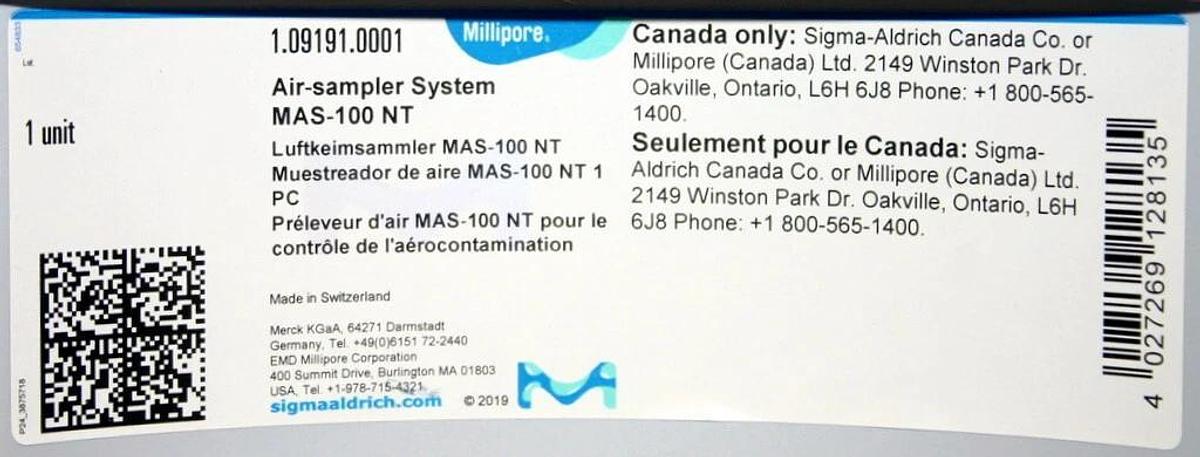 MBV EMD MILLIPORE SIGMA MICROBIOLOGICAL AIR SAMPLER, MAS-100NT - NEW VERSION