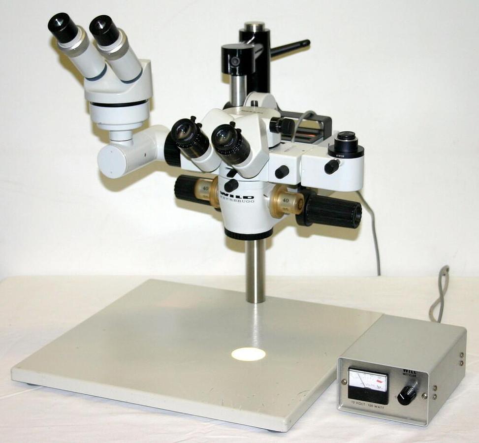 Used WILD HEERBRUGG TABLE TOP OPERATING SURGICAL MICROSCOPE, MODEL M650 CAMERA MOUNT