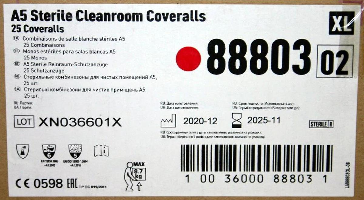 Used KIMBERLY-CLARK KIMTECH A5 STERILE CLEANROOM COVERALLS, L 88802, X-L 88803, PPE