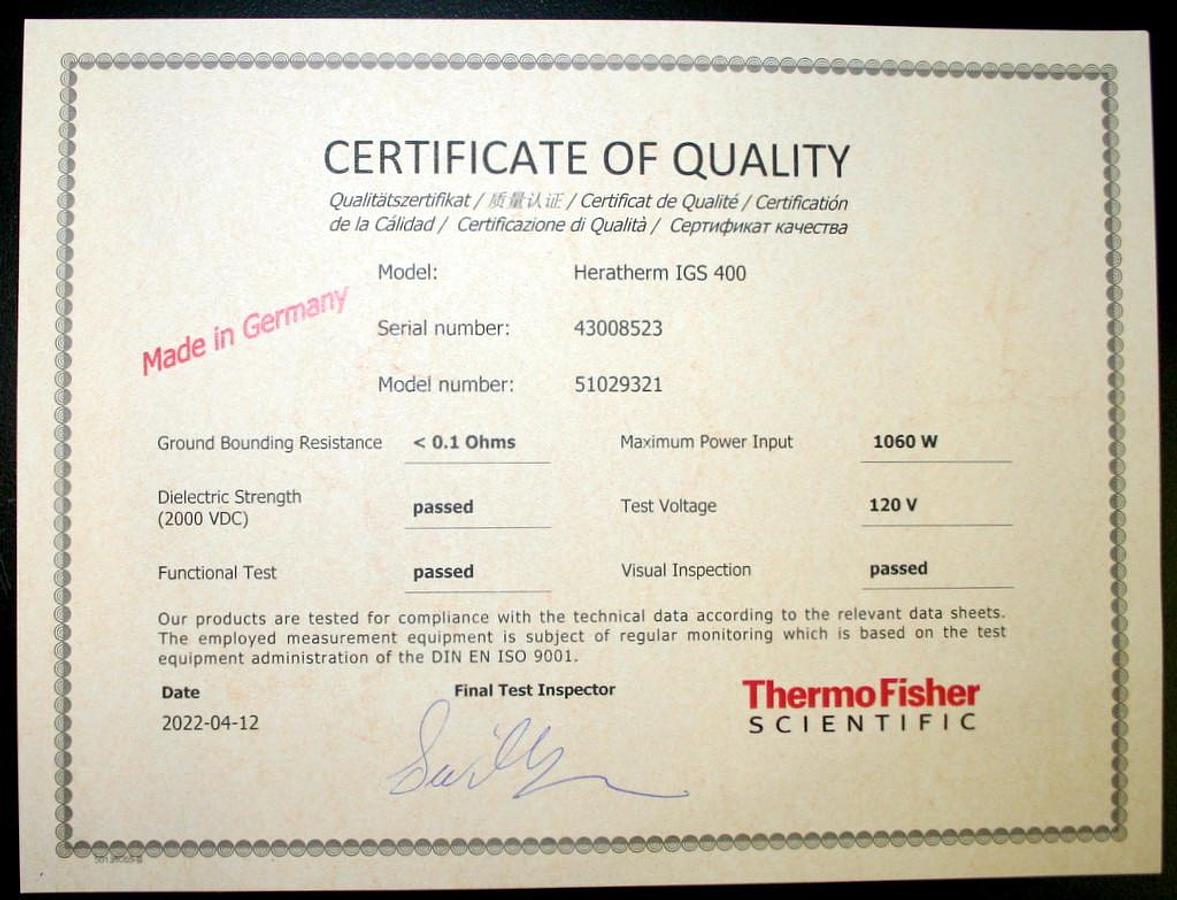 Used 2022 Thermo Scientific Incubator Heratherm IGS400