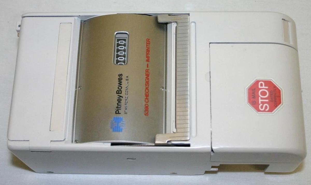 Used PITNEY BOWES CHECK SIGNER-IMPRINTER, MODEL 5390, NEW IN ORIGINAL CASE 5600 BASE