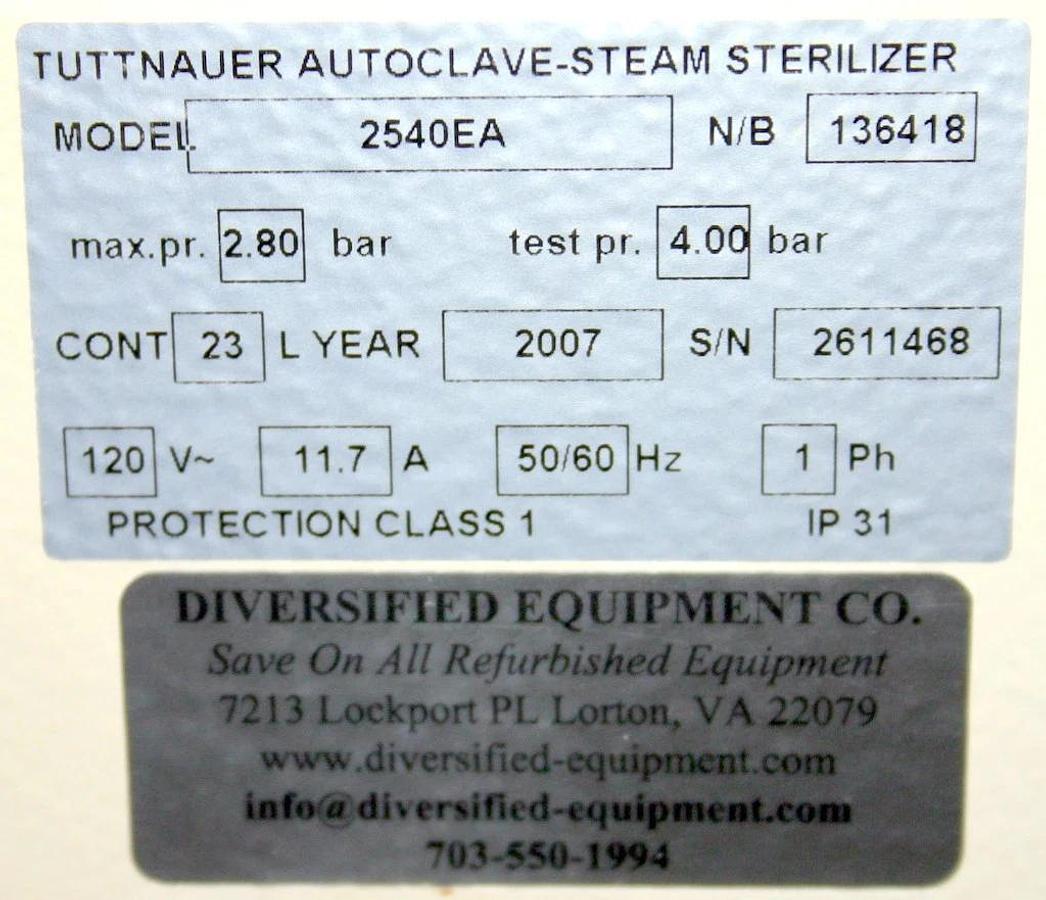 TUTTNAUER BRINKMANN DIGITAL AUTOCLAVE, STERILIZER, MODEL 2540EA