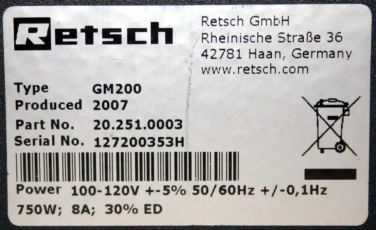 Used RETSCH GRINDOMIX HIGH-SPEED KNIFE BLENDER MILL, MODEL GM200