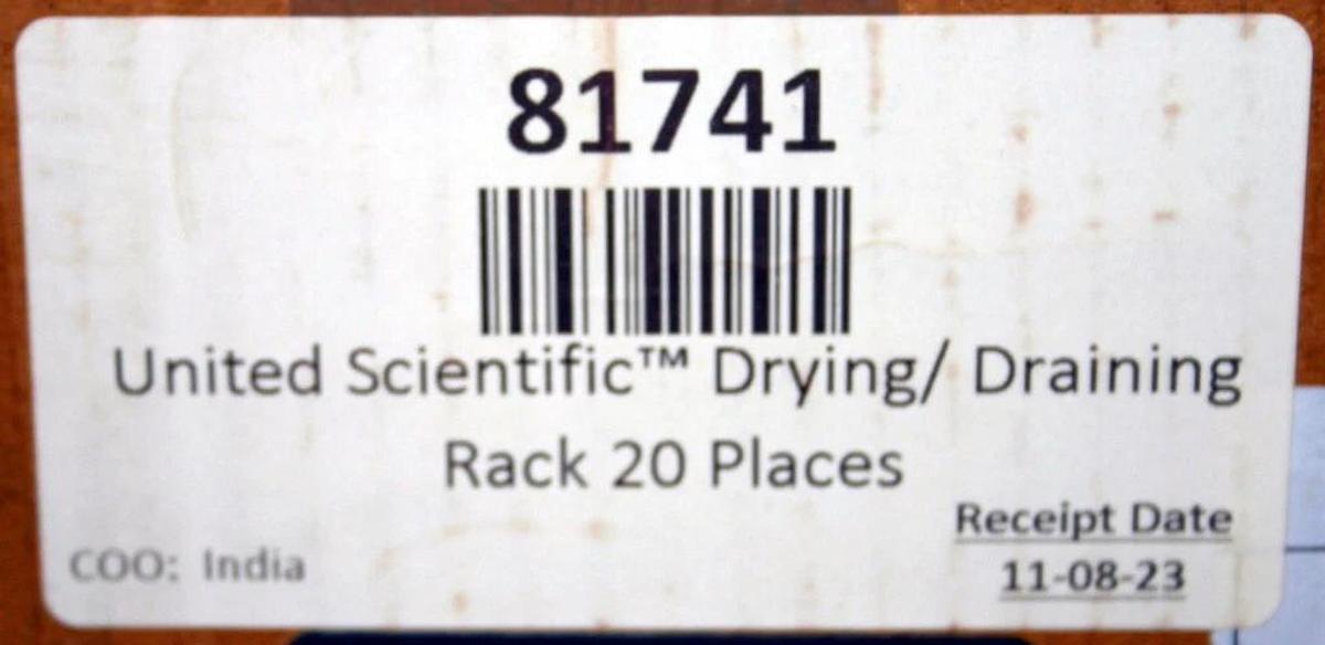 Used UNITED SCIENTIFIC COLE PARMER DRYING DRAINING RACK, 20 PLACE, MODEL 81741, CASE