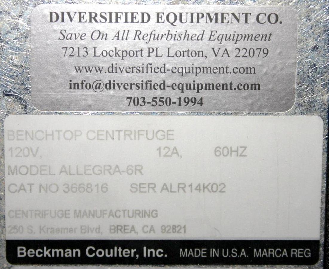 Used BECKMAN COULTER CENTRIFUGE, MODEL ALLEGRA-6R WITH GH-3.8 ROTOR AND BUCKETS