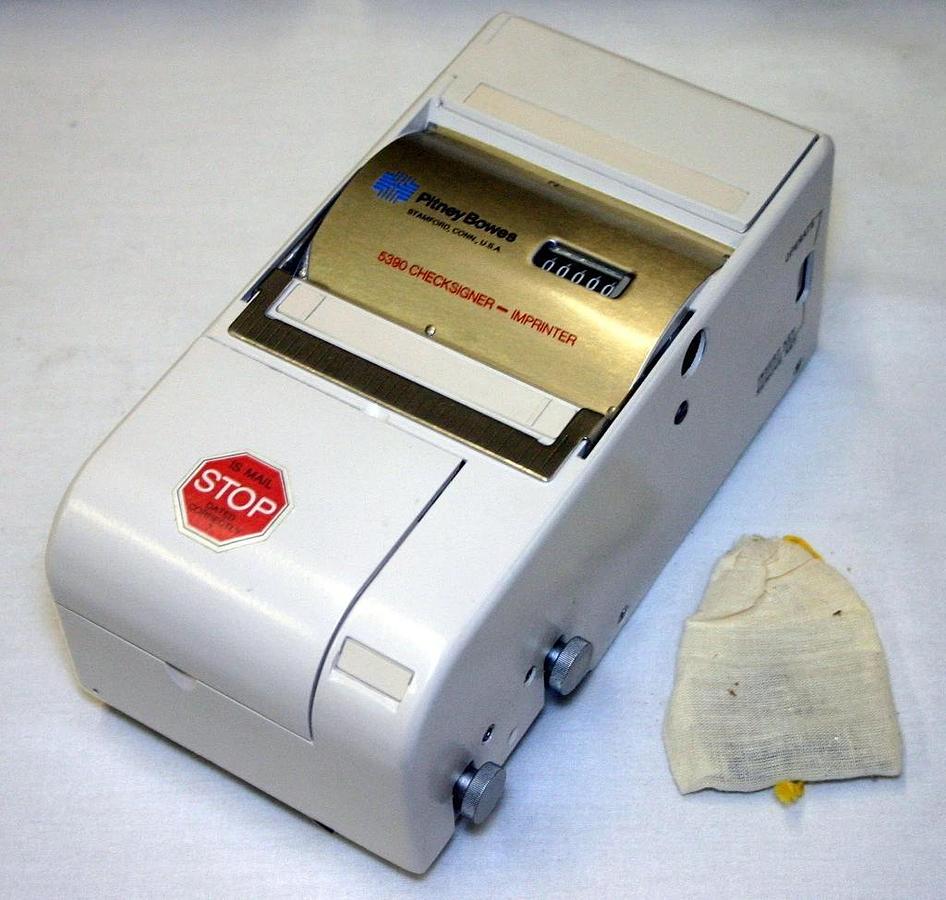 Used PITNEY BOWES CHECK SIGNER-IMPRINTER, MODEL 5390, NEW IN ORIGINAL CASE 5600 BASE