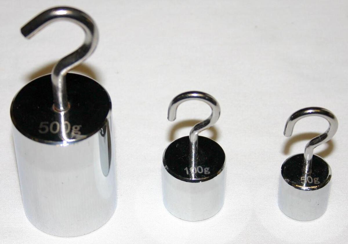 Used PHYSICS WEIGHT SET WITH HOOKS (50G, 100G & 500G) case of 25 SETS NEW