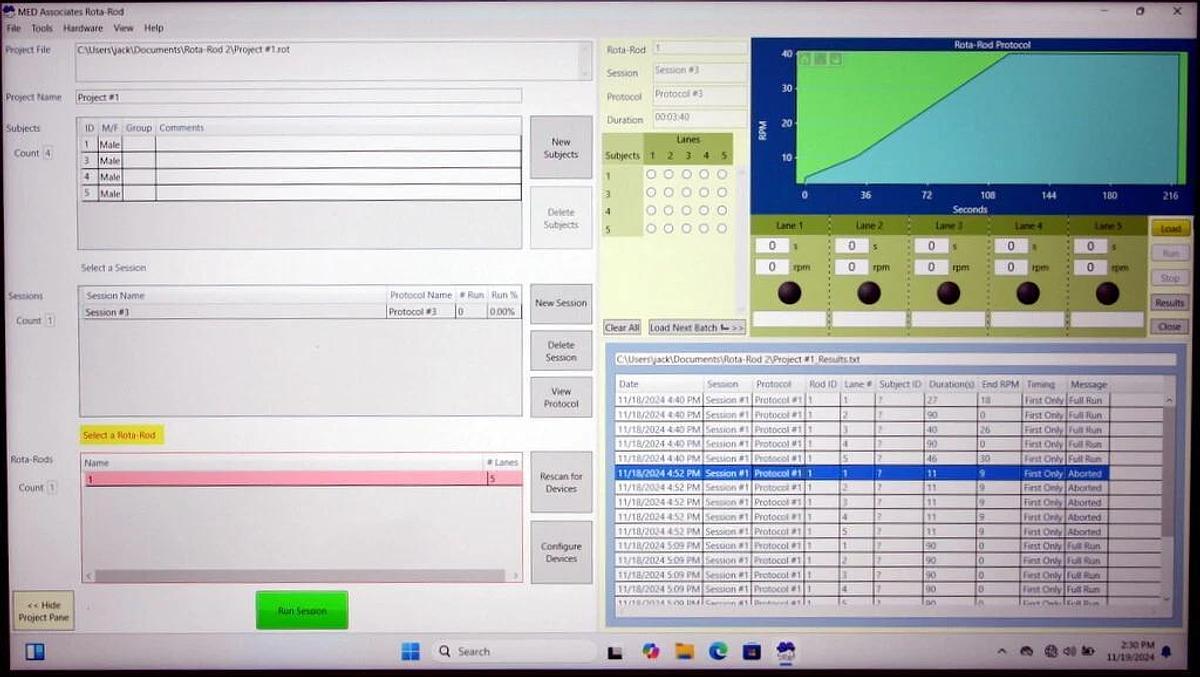 Used MED ASSOCIATES 5 LANE MOUSE TREADMILL, ROTA-ROD, ROTAROD, ROTOROD MODEL ENV-574M