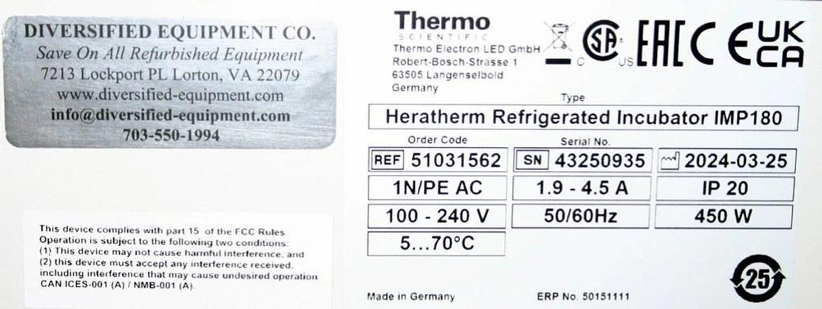 THERMO SCIENTIFIC HERATHERM REFRIGERATED INCUBATOR, MODEL IMP180