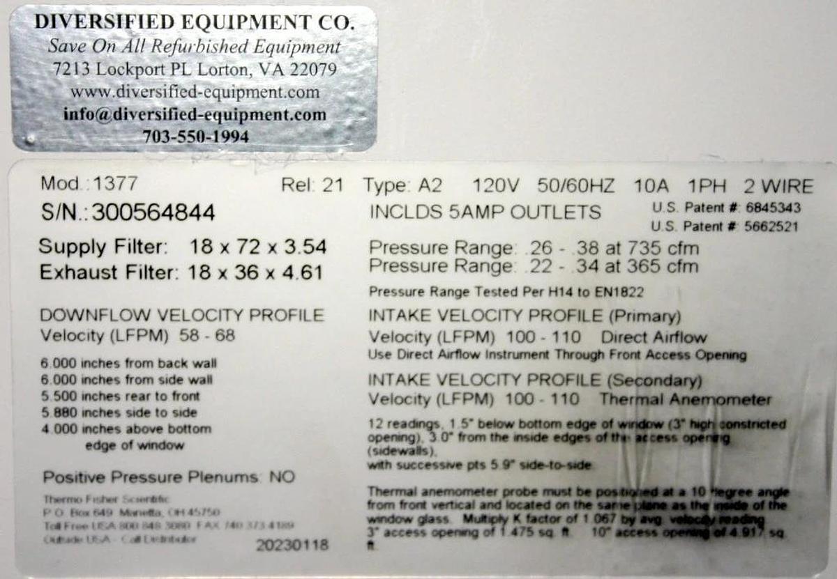 THERMO SCIENTIFIC 1377 CLASS II, A2, 6' BIOLOGICAL SAFETY CABINET, 1300 SERIES