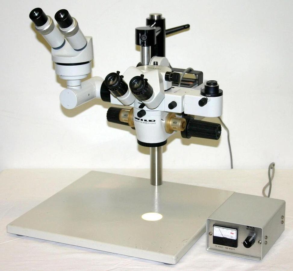 Used WILD HEERBRUGG TABLE TOP OPERATING SURGICAL MICROSCOPE, MODEL M650 CAMERA MOUNT