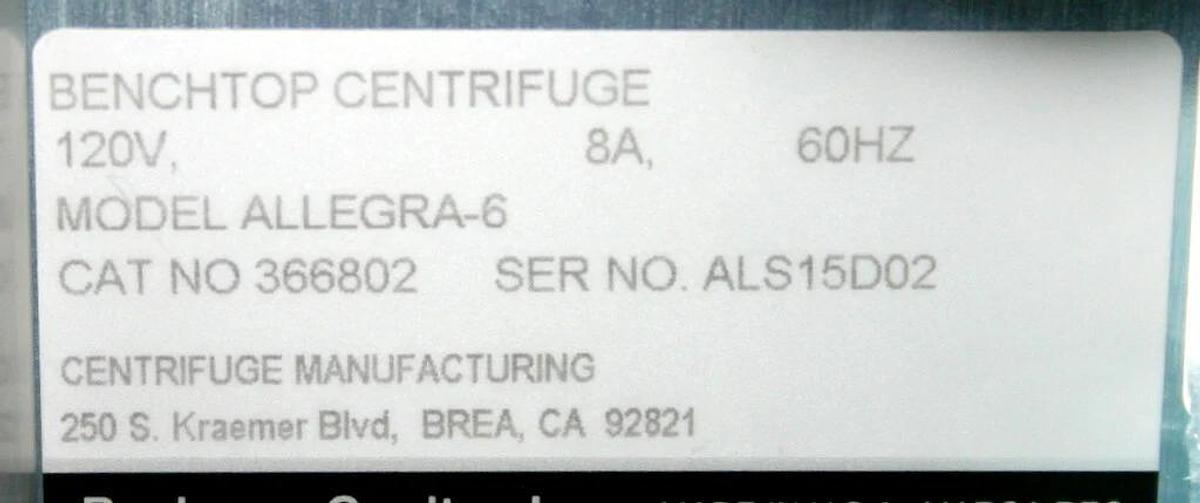 Used BECKMAN COULTER CENTRIFUGE, MODEL ALLEGRA-6 , NEW IN BOX