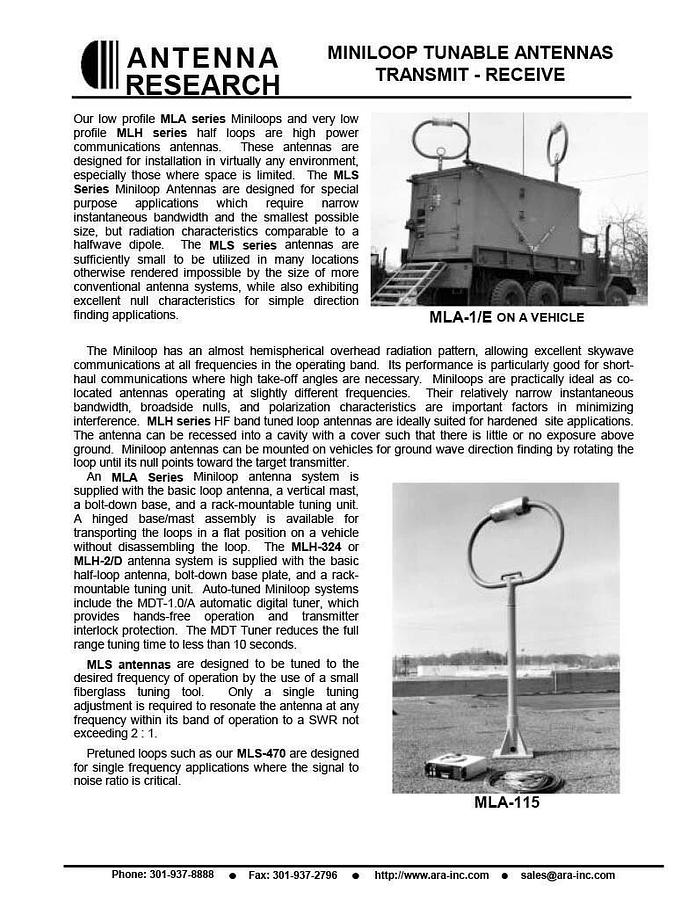 Used ANTENNA RESEARCH MINILOOP TUNABLE ANTENNA TRANSMIT - RECEIVE, MODEL MLA-2/D