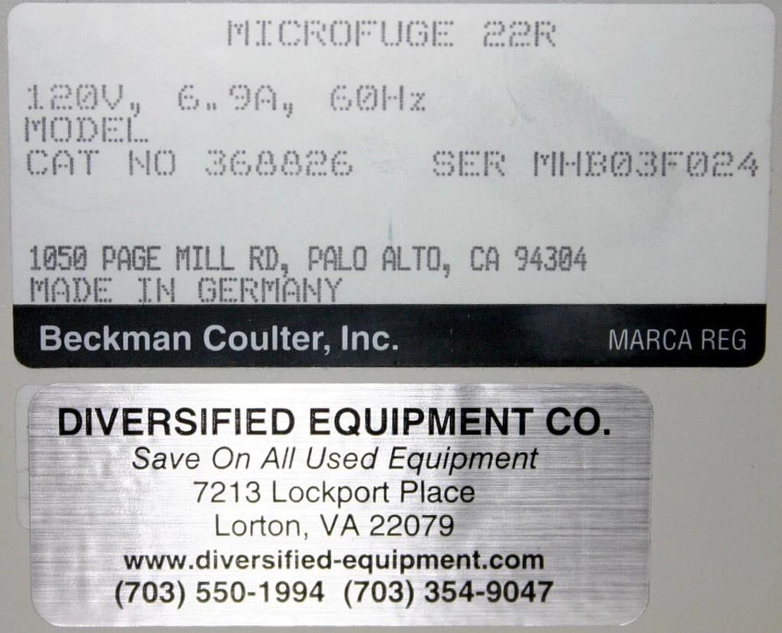 Used BECKMAN COULTER REFRIGERATED MICROCENTRIFUGE, MODEL MICROFUGE 22R