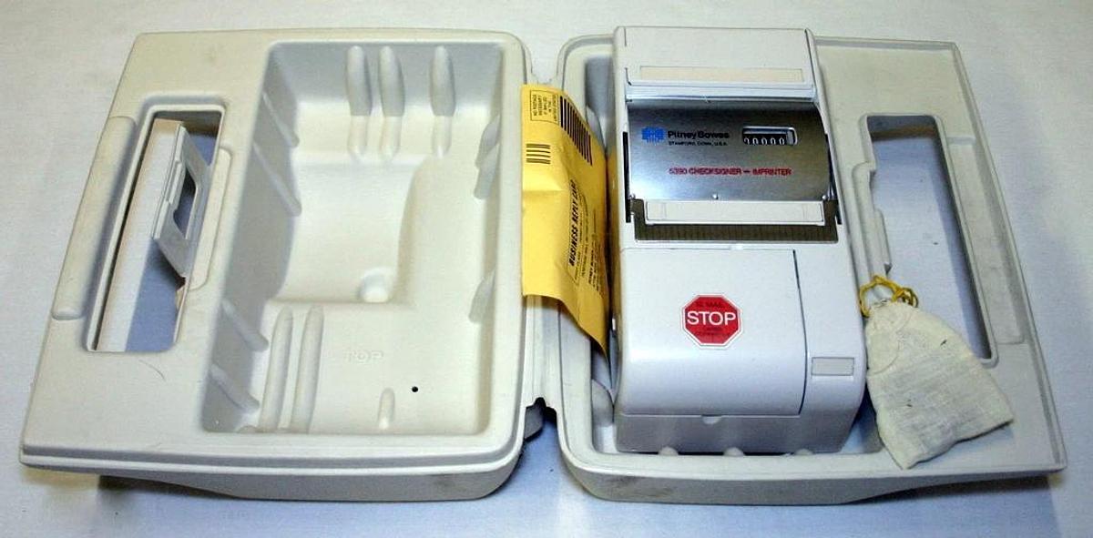 Used PITNEY BOWES CHECK SIGNER-IMPRINTER, MODEL 5390, NEW IN ORIGINAL CASE 5600 BASE